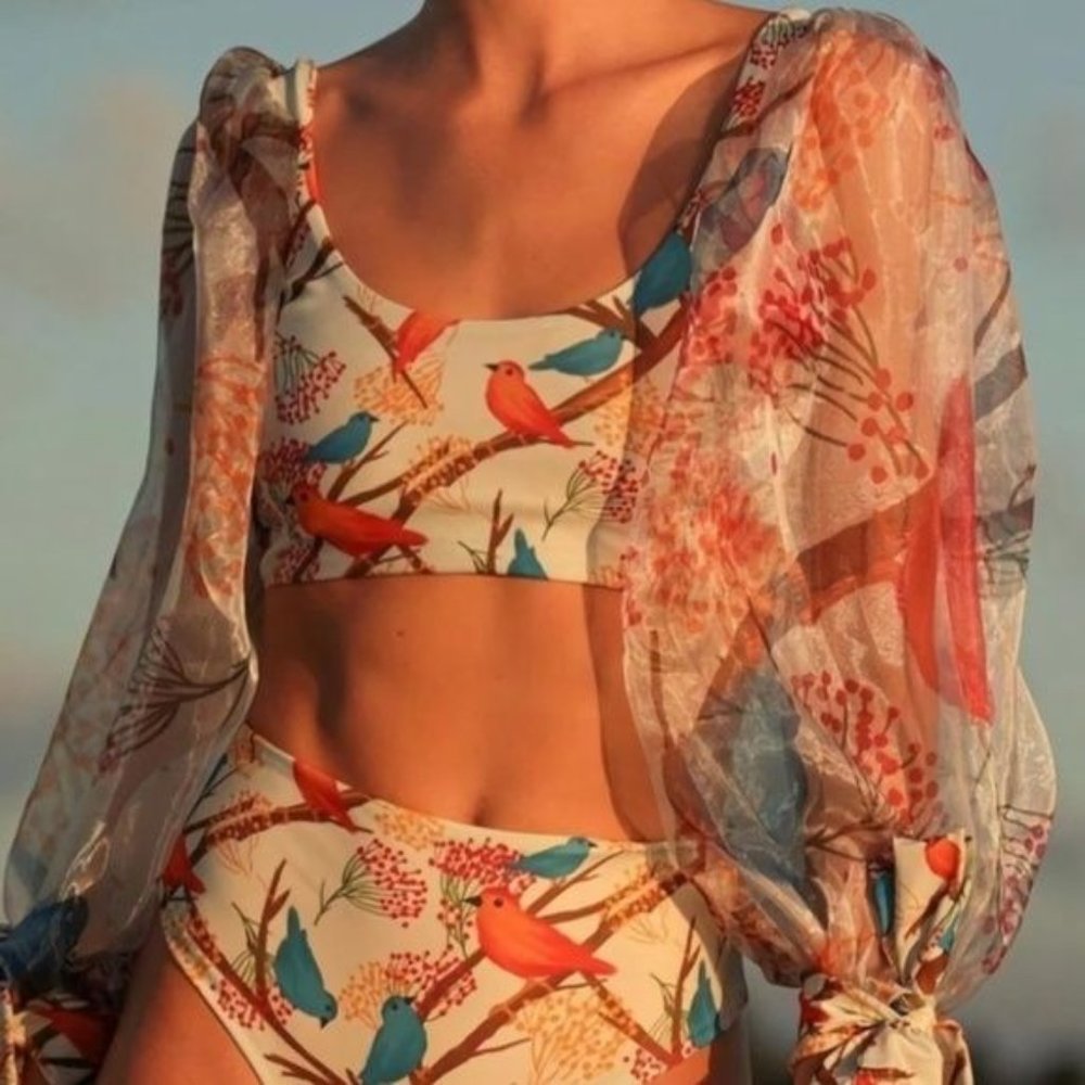 Callie Humminbird: Sheer Puff Chiffon Sleeve Bikini Swimsuit Large - Picture 13 of 15